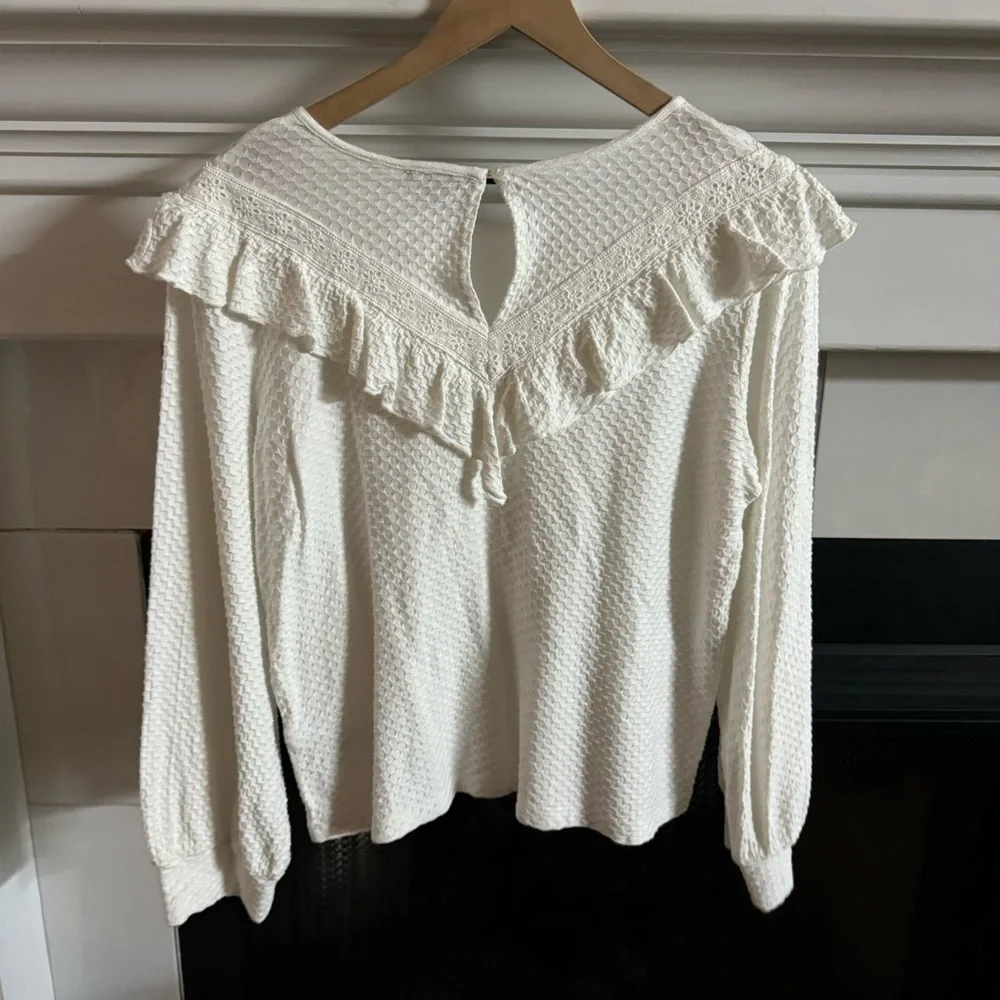 J. Crew White Textured Ruffle Long-Sleeve Blouse